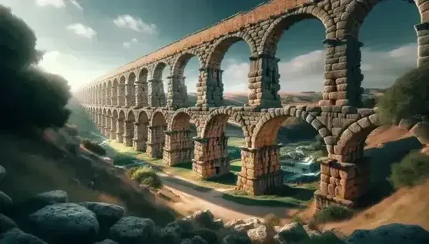 Vista panorámica de las ruinas de un acueducto romano antiguo con arcos de piedra caliza en un entorno natural bajo un cielo azul.