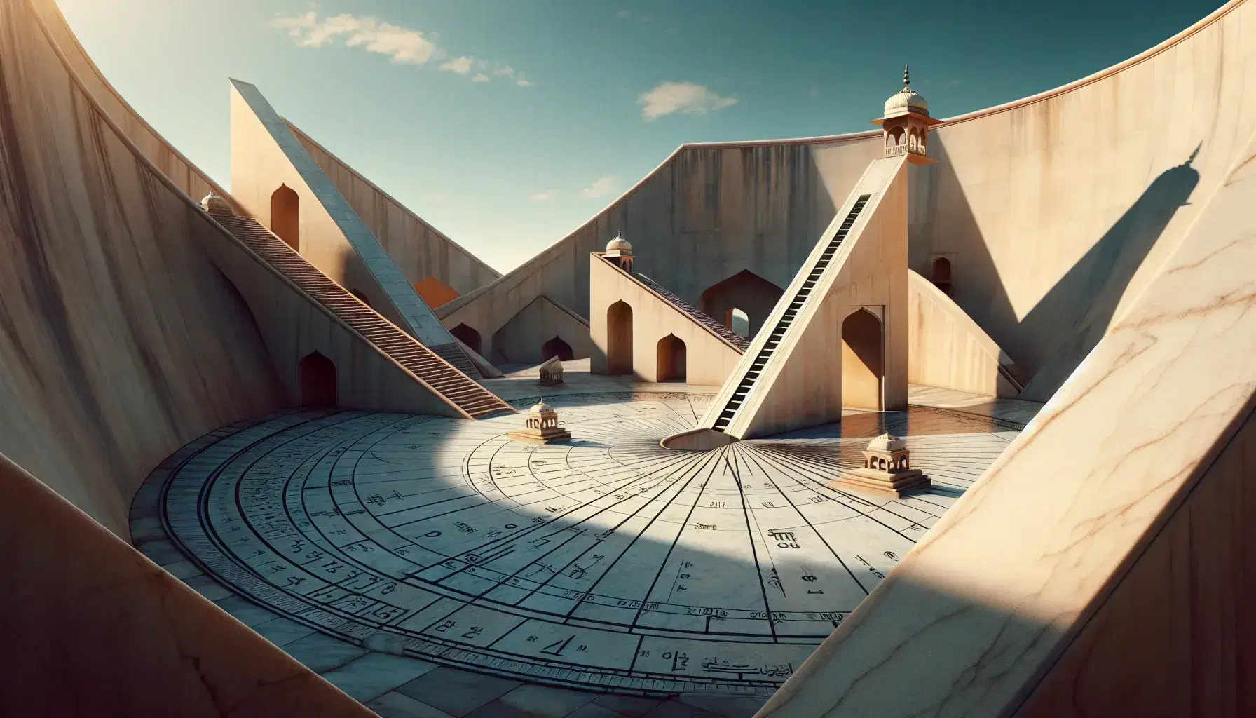 Jantar Mantar observatory in Jaipur with the Samrat Yantra sundial casting a shadow on a marble quadrant, under a clear blue sky.