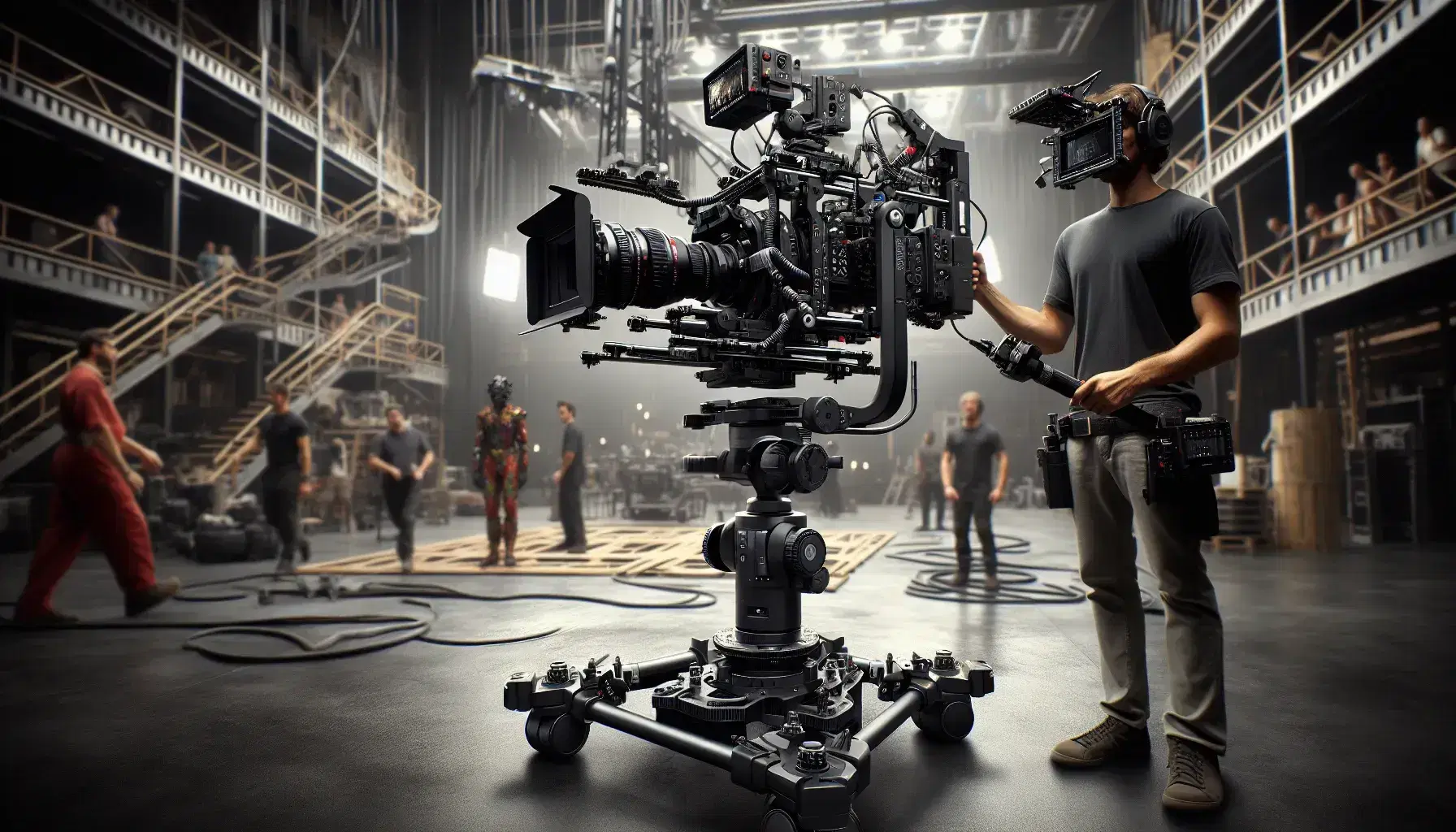 Cinematografo con gimbal motorizzato e camera professionale su set filmato, assistente con camera a mano e attrezzature sparse.