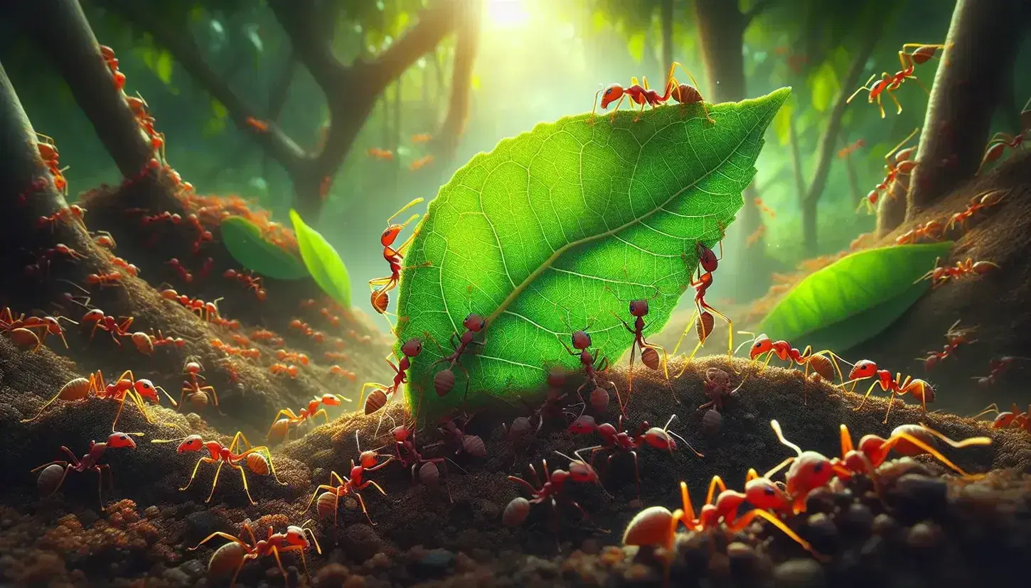 Hormigas rojas trabajando en equipo transportando una hoja verde grande en un entorno natural con suelo fértil y vegetación densa iluminada por el sol.
