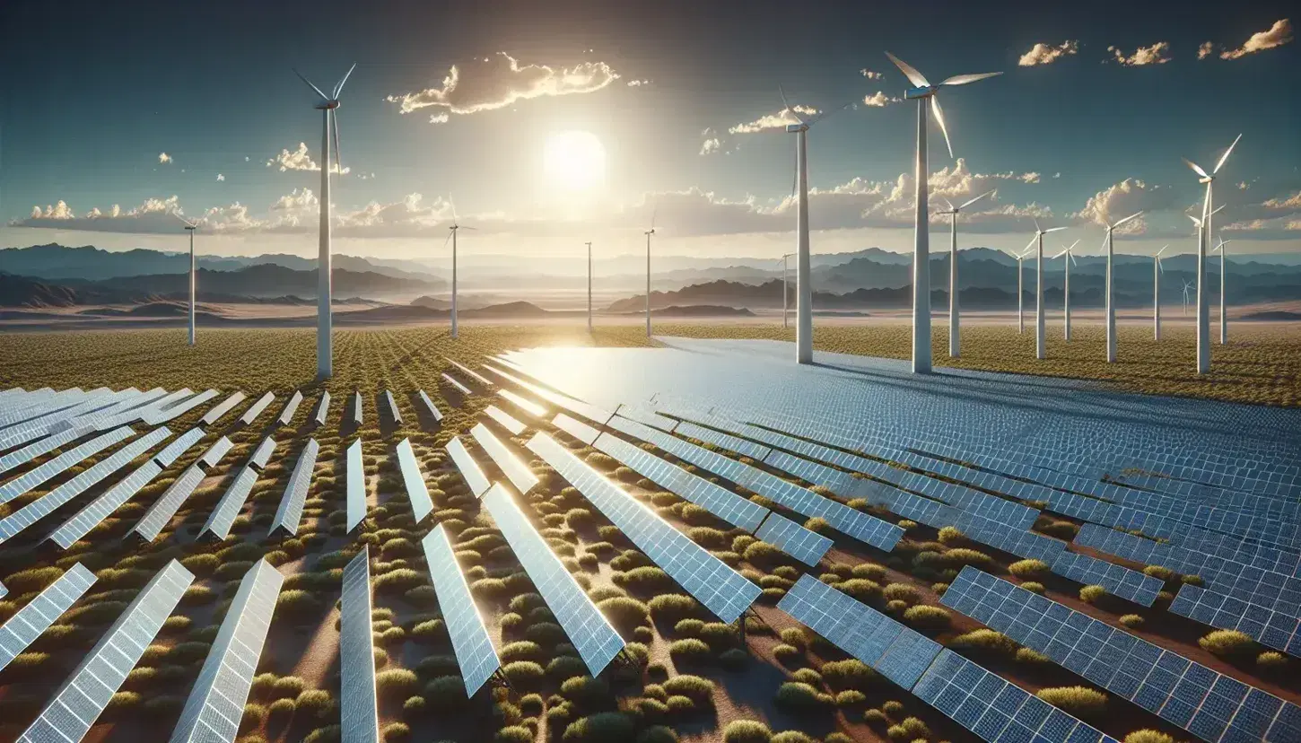 Paisaje de energía renovable con paneles solares en primer plano y aerogeneradores en un campo verde bajo cielo azul con montañas al fondo.