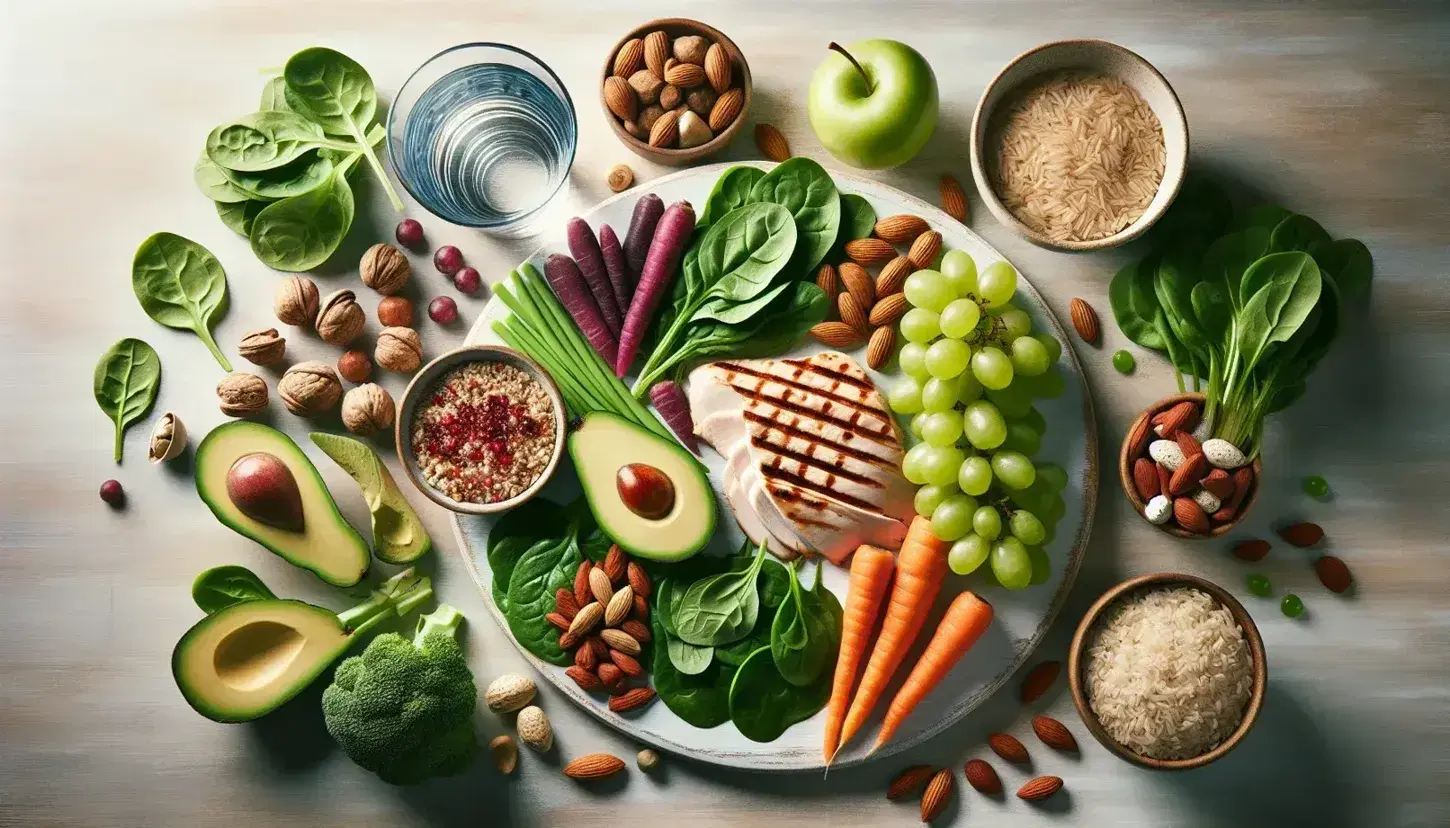 Plato balanceado con pechuga de pollo a la parrilla, espinacas y arroz integral, rodeado de uvas verdes, zanahorias, aguacate y nueces sobre superficie de madera, con vaso de agua al lado.
