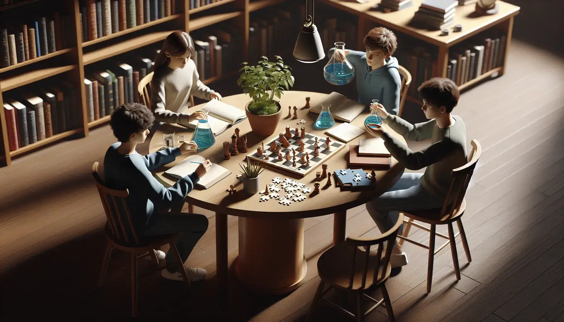 Three teenagers sitting around a round table in the library, examining a beaker, a puzzle and playing chess, with notebooks open in front of them.