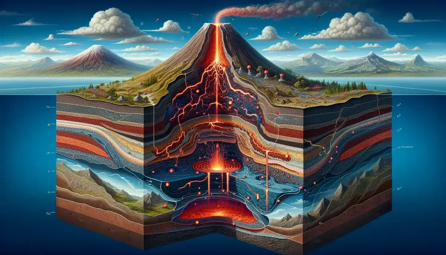 Sezione trasversale di un vulcano attivo con camera magmatica, condotti vulcanici e correnti convettive, sotto un cielo azzurro.