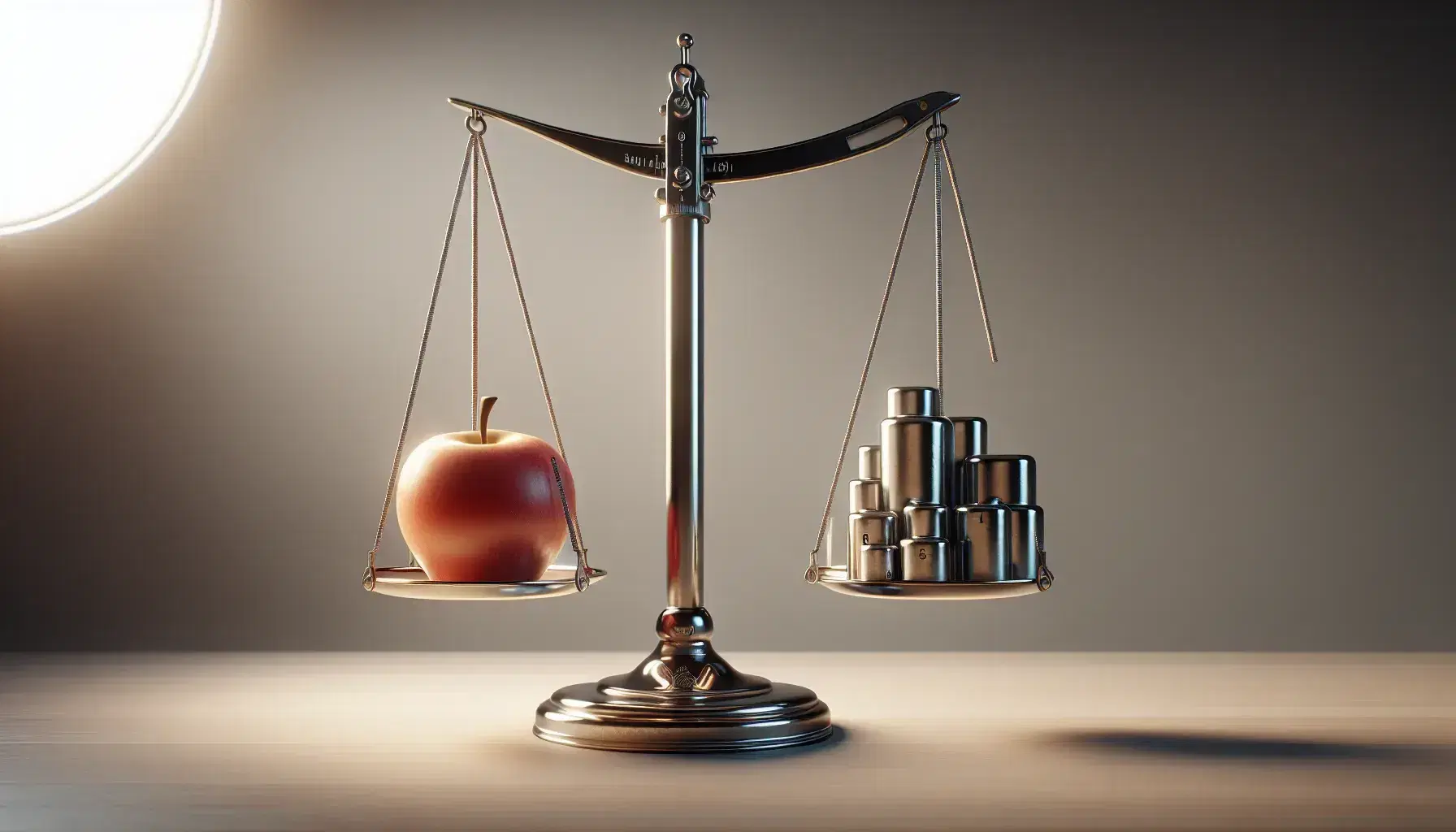 Balanza de brazos iguales en equilibrio sobre superficie de madera clara, con una manzana roja en un platillo y pesas calibradas en el otro.