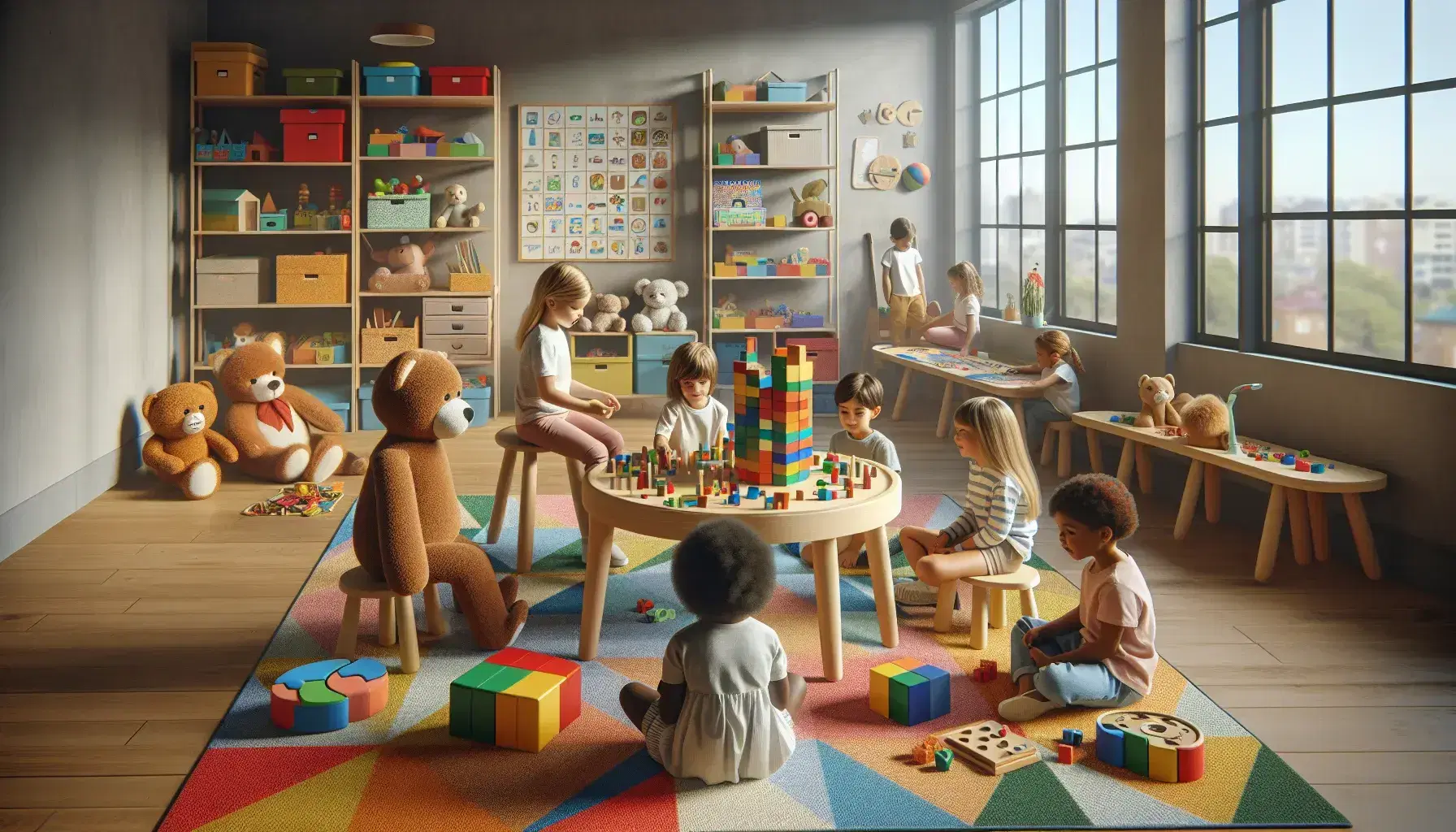 Niños multirraciales jugando en sala colorida con bloques, peluches y rompecabezas, luz natural entrando por ventana con vista al jardín.