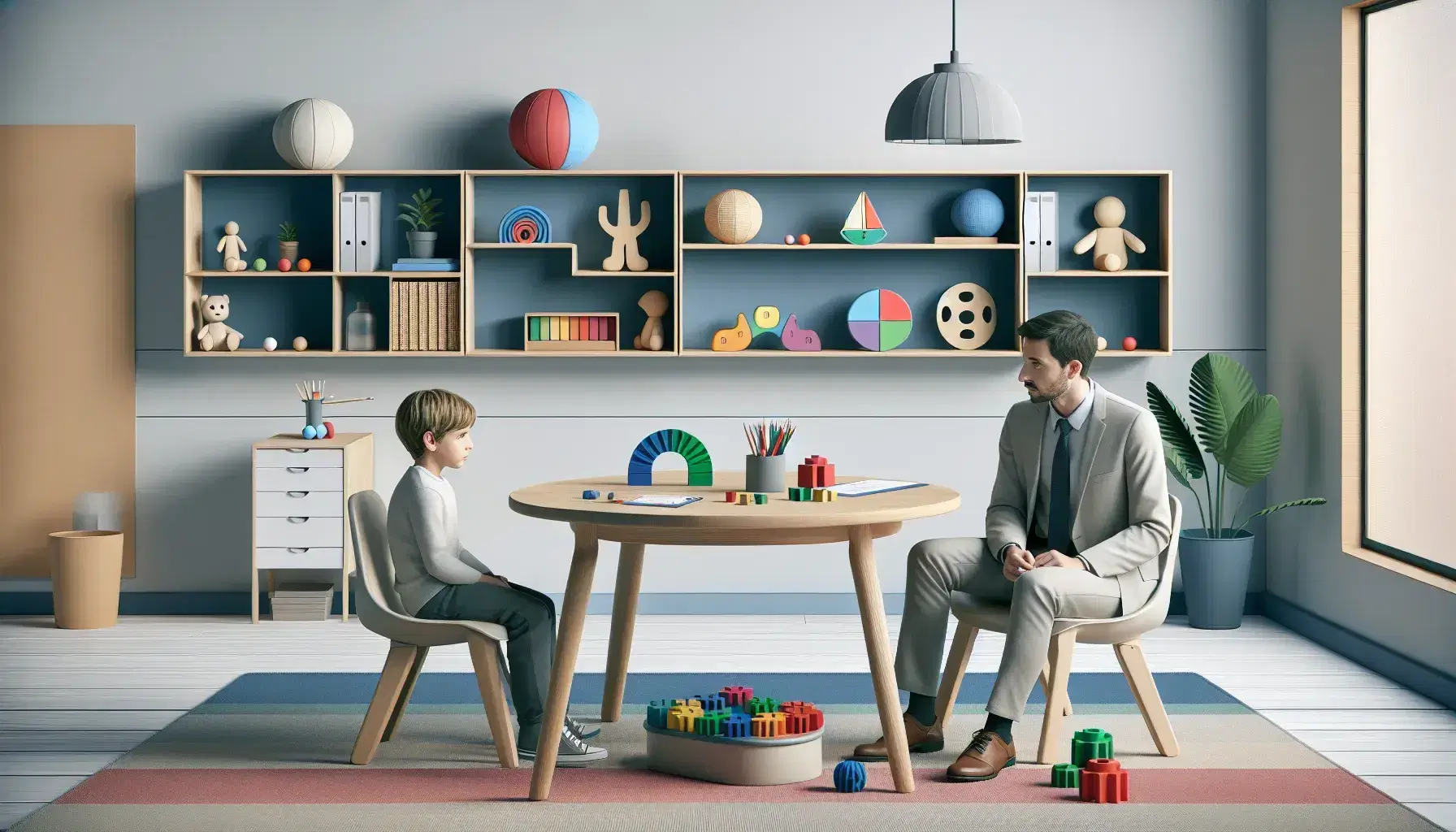 Sala de consulta psicopedagógica con mesa redonda y materiales educativos, adulto escuchando atentamente a niño caucásico que explica algo.