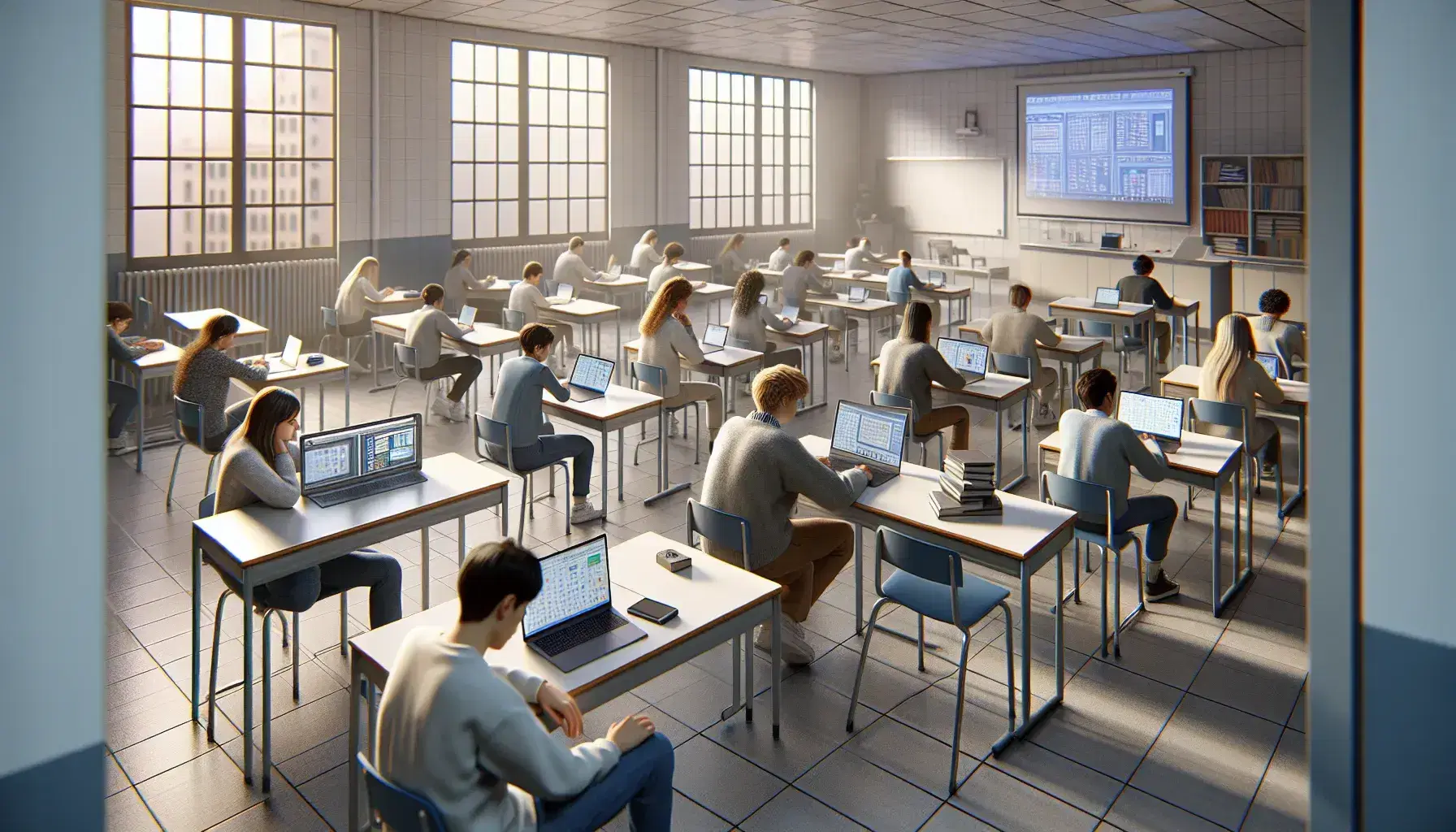 Diverse students in a Spanish classroom using various devices including a laptop, desktop, tablet, and smartphone, with an interactive whiteboard in the background.