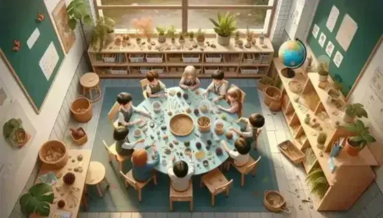 Niños de primaria explorando objetos naturales en una mesa redonda dentro de un aula iluminada con luz natural, rodeados de plantas y materiales educativos.