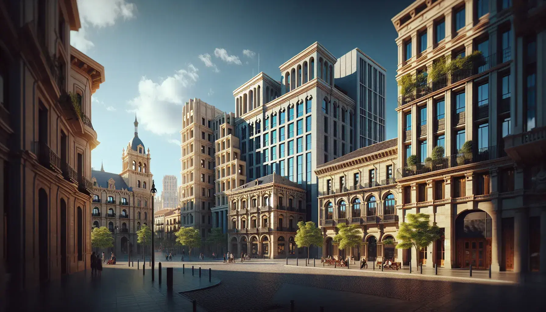 Vista de una plaza adoquinada con edificios históricos y modernos, personas paseando, bancos de madera y árboles frondosos bajo un cielo azul con nubes dispersas.