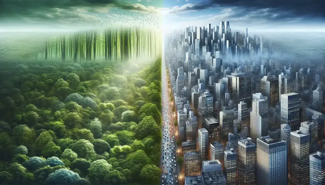 Contrasto tra foresta rigogliosa e città inquinata con grattacieli e traffico veicolare, simbolo dell'impatto umano sul clima.