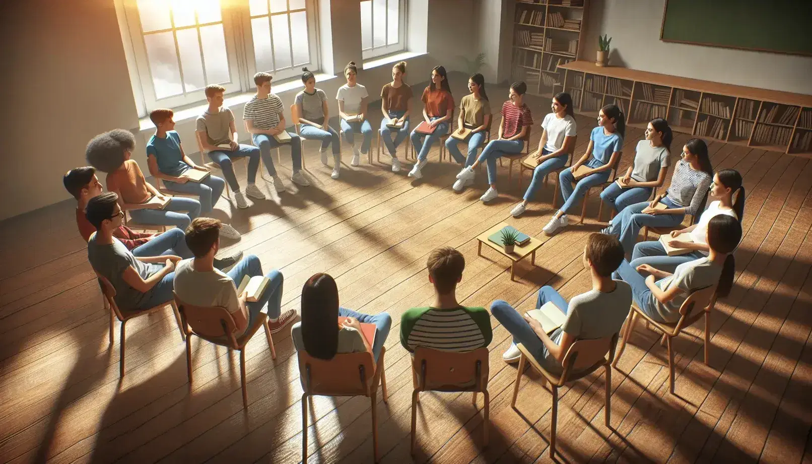 Studenti di diverse etnie seduti in cerchio su sedie in aula, conversano sorridenti in un ambiente illuminato dalla luce naturale.