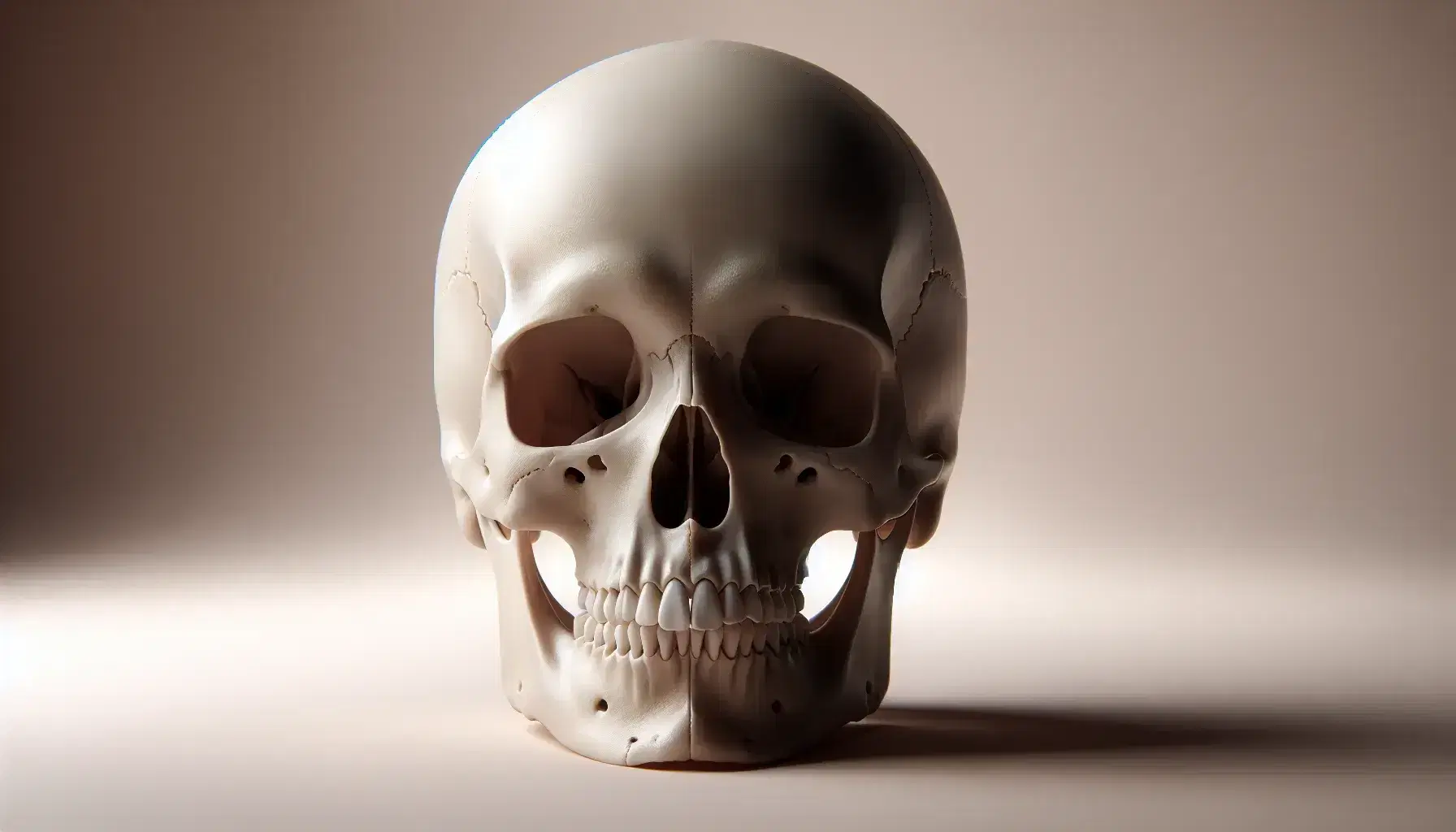 Cráneo humano realista con detalles anatómicos visibles, mostrando cavidades oculares, puente nasal y arcos dentales vacíos en fondo neutro.