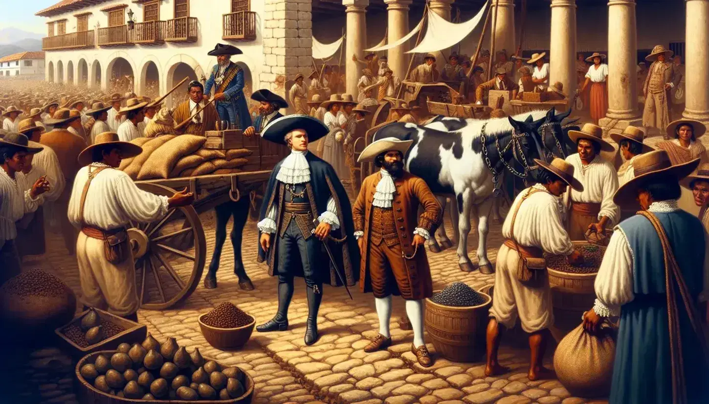 Bustling Spanish colonial town plaza with indigenous laborers, a Spanish official, local merchant with silver goods, women at a fountain, and a Catholic church.