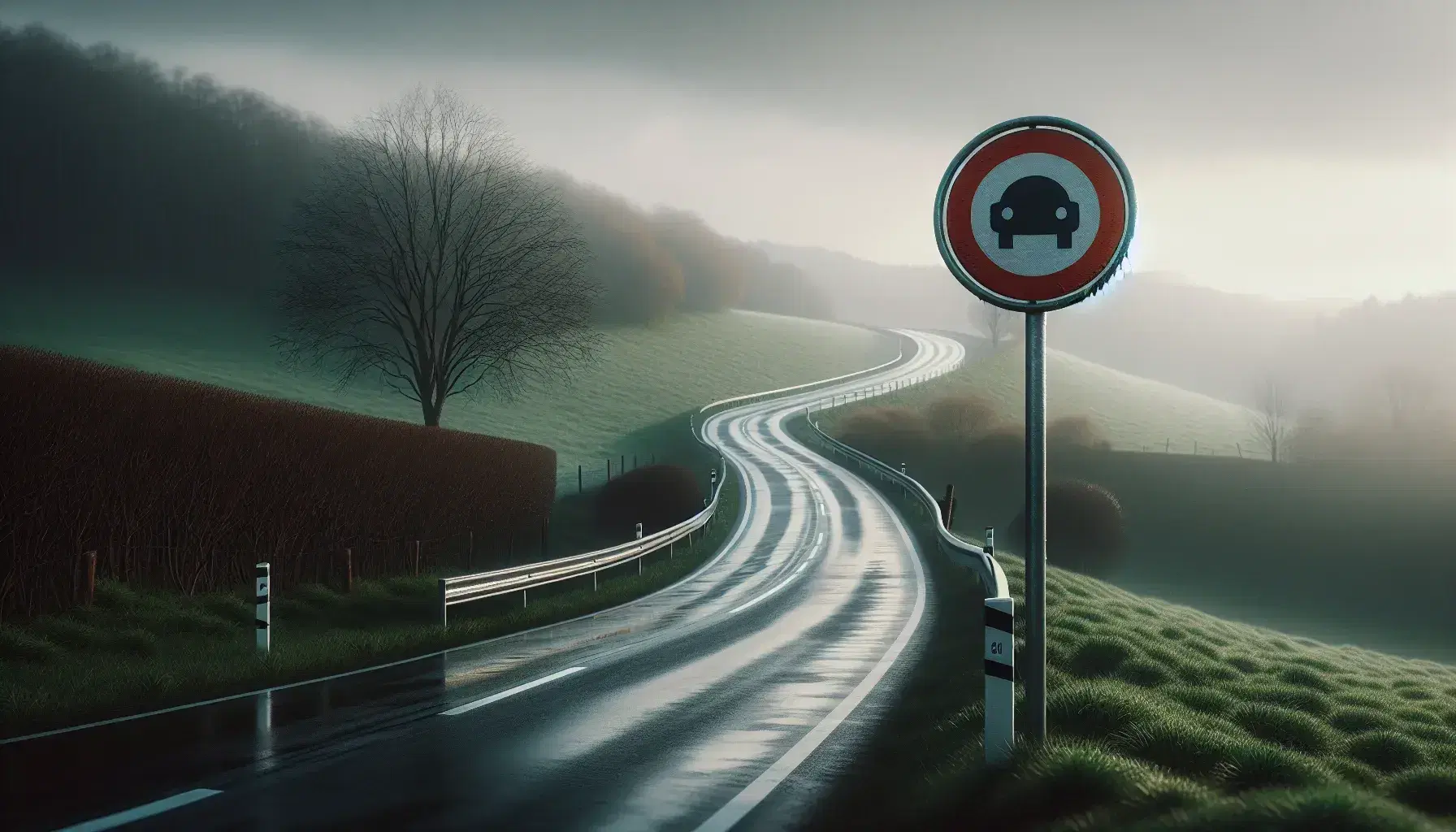 Strada asfaltata serpeggiante in paesaggio collinare con segnale di curva pericolosa, albero spoglio e cielo nuvoloso riflesso sull'asfalto bagnato.