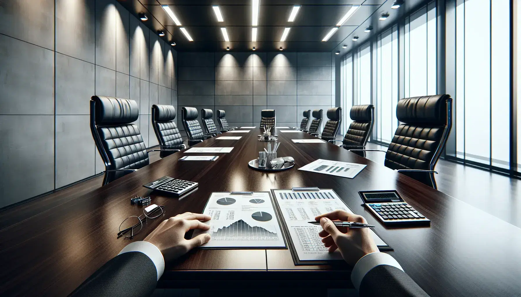 Modern corporate conference room with polished dark wood table, black leather chairs, financial documents, calculators, and pens, under soft lighting.