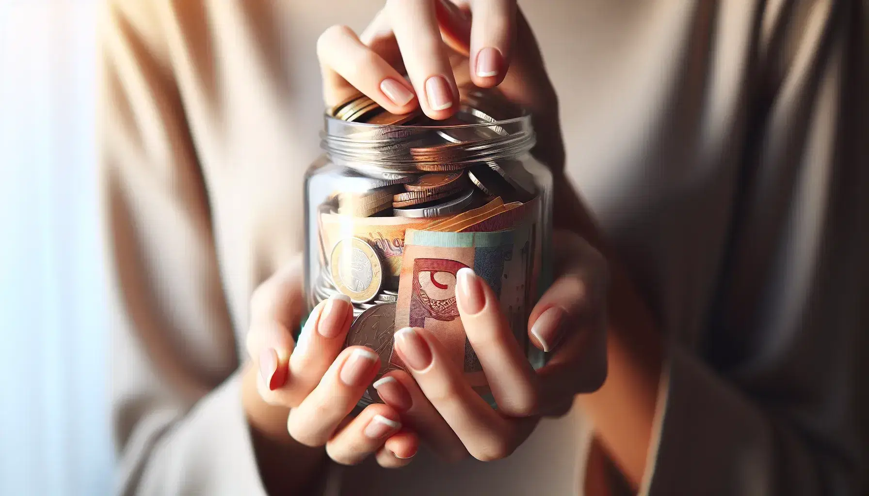 Hands cradling a glass jar filled with rolled currency notes and assorted coins, against a soft-focus neutral background, highlighting savings concept.