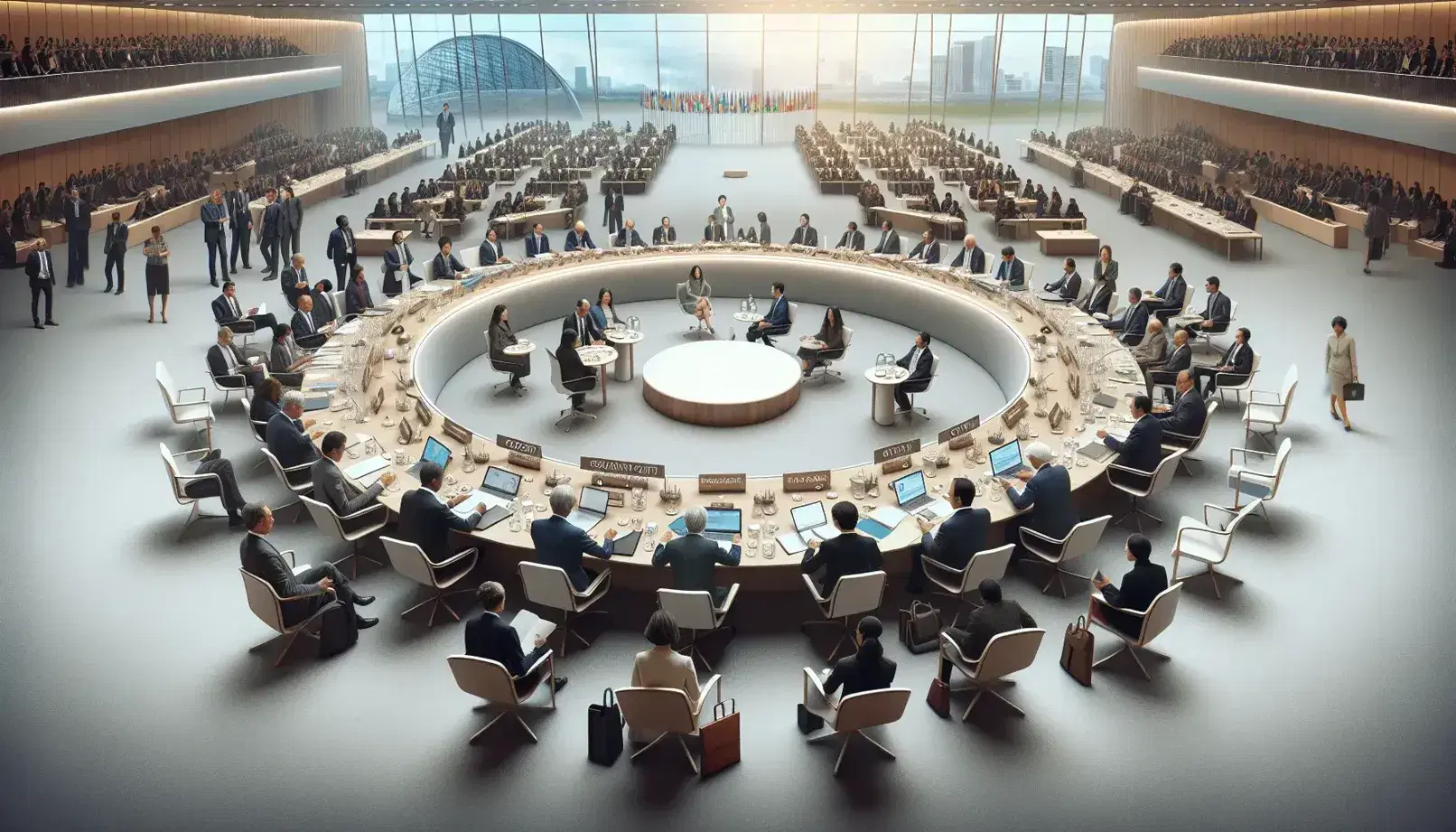 Partecipanti internazionali impegnati in una conferenza sul clima attorno a un tavolo ovale, con laptop e documenti, in una sala luminosa con vista su edifici moderni.