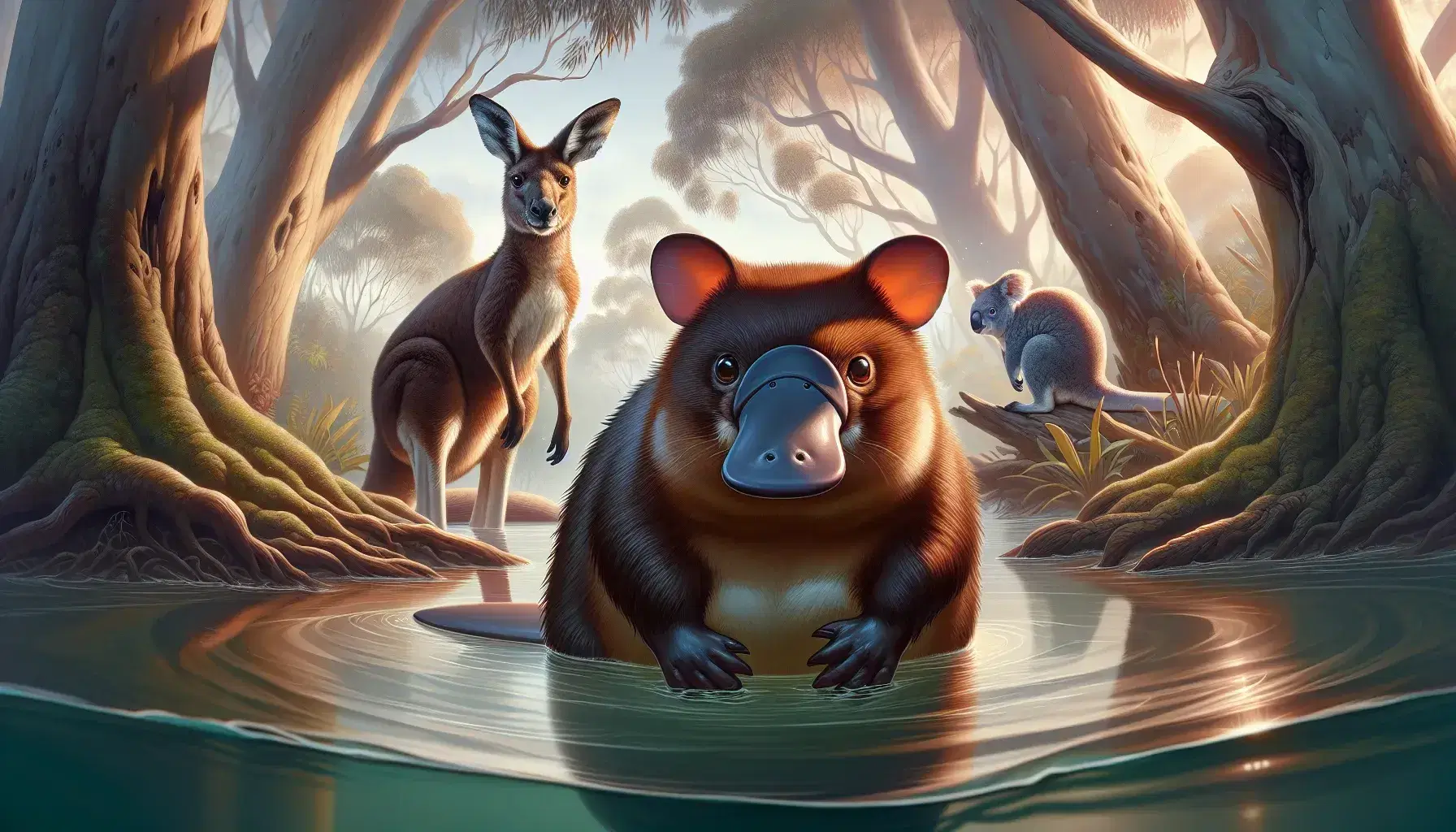Platypus marrón en agua clara, canguro rojizo en posición erguida y koala gris en rama de eucalipto, en hábitat natural con vegetación.
