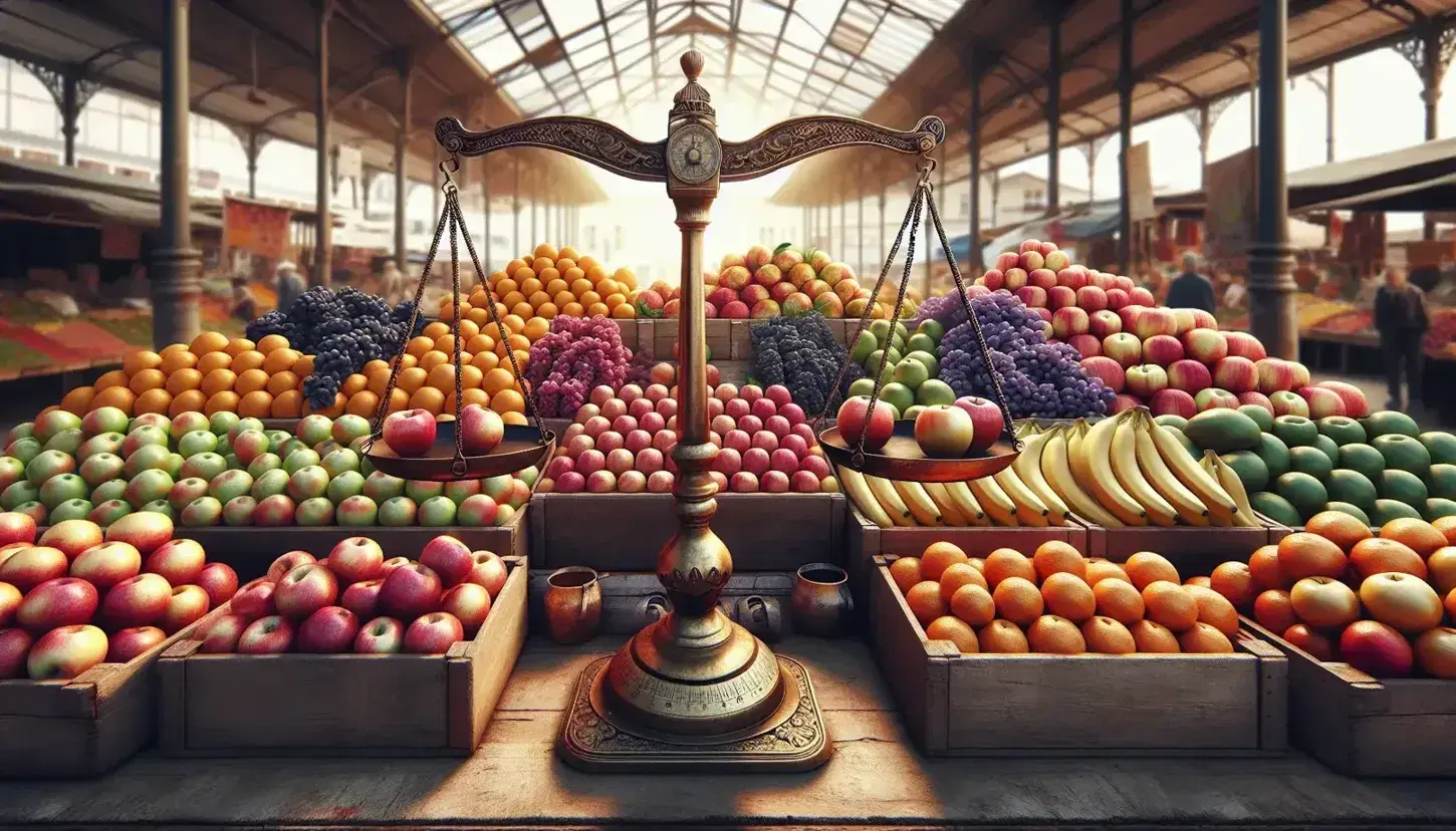 Fresh fruit stand with brass balance scales, featuring red apples, purple grapes, yellow bananas, oranges, red-blushed pears, and green avocados at a lively outdoor market.