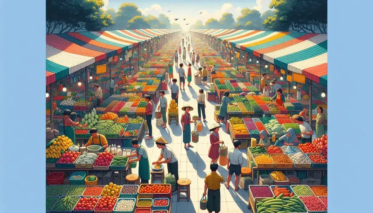 Mercato all'aperto con bancarelle colorate di frutta e verdura, persone che fanno acquisti e venditori al lavoro in una giornata soleggiata.