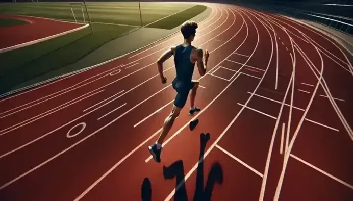 Atleta in maglia blu scuro corre su pista di atletica curva con linee bianche, circondata da erba verde e tribune sfocate sullo sfondo.