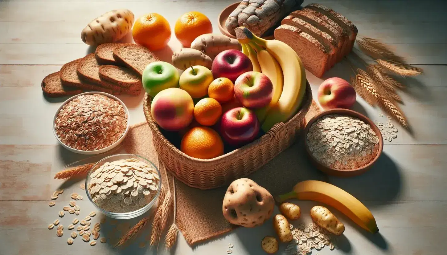 Variedad de alimentos ricos en carbohidratos sobre superficie de madera clara, con frutas frescas en cesta, granos de trigo, pan integral, avena cruda y tubérculos.