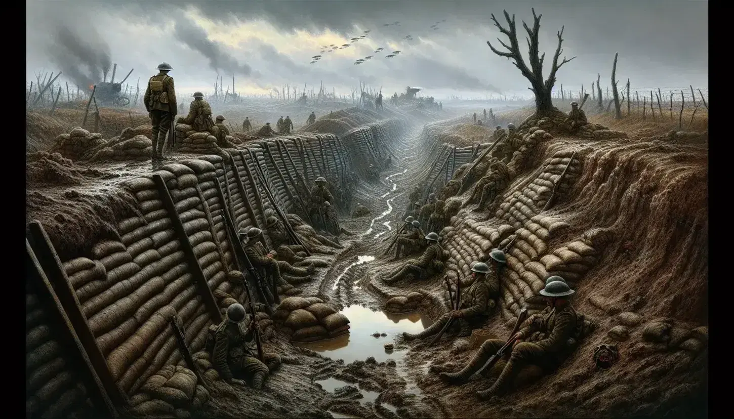 Trincea della Prima Guerra Mondiale con soldati, sacchi di sabbia e filo spinato, paesaggio fangoso e biplani in cielo nuvoloso.