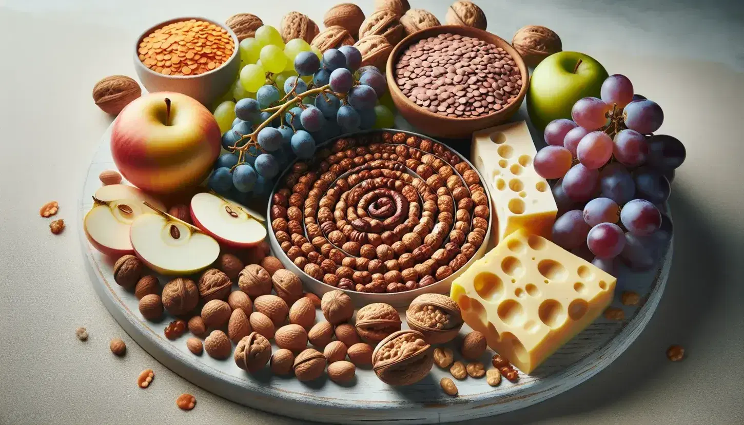 Variedad de alimentos saludables en superficie de madera con uvas moradas, nueces, rodajas de manzana verde, queso amarillo, lentejas marrones y huevos blancos bajo luz natural.