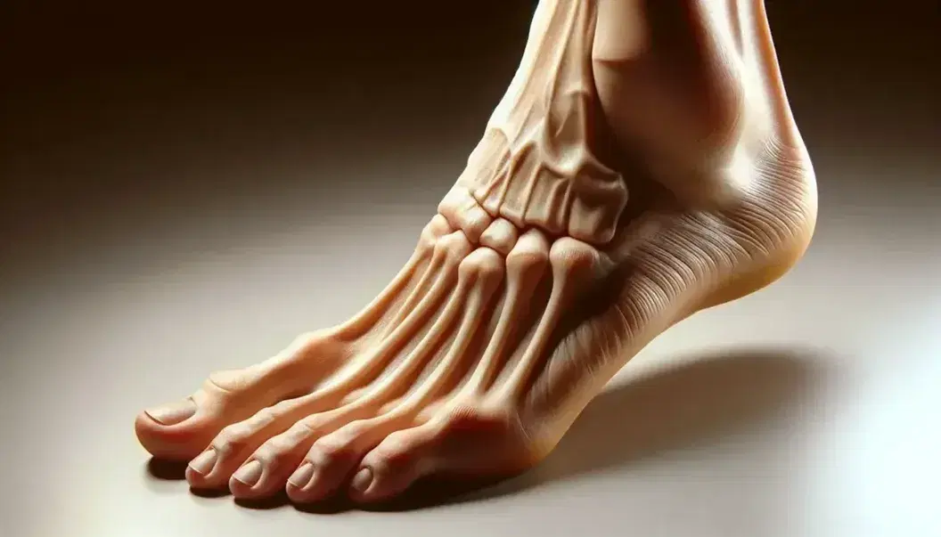 Primer plano de un pie humano con piel clara sobre superficie lisa, mostrando detalles anatómicos del tobillo y dedos con uñas cortas.