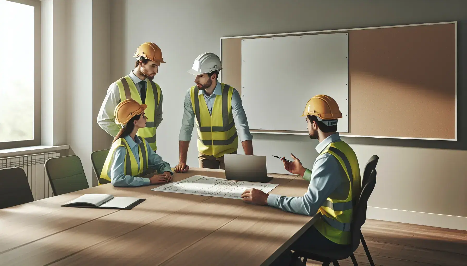Grupo de tres profesionales con cascos de seguridad y chalecos reflectantes en reunión de trabajo, uno sentado frente a un portátil y dos de pie discutiendo un documento en una sala iluminada.