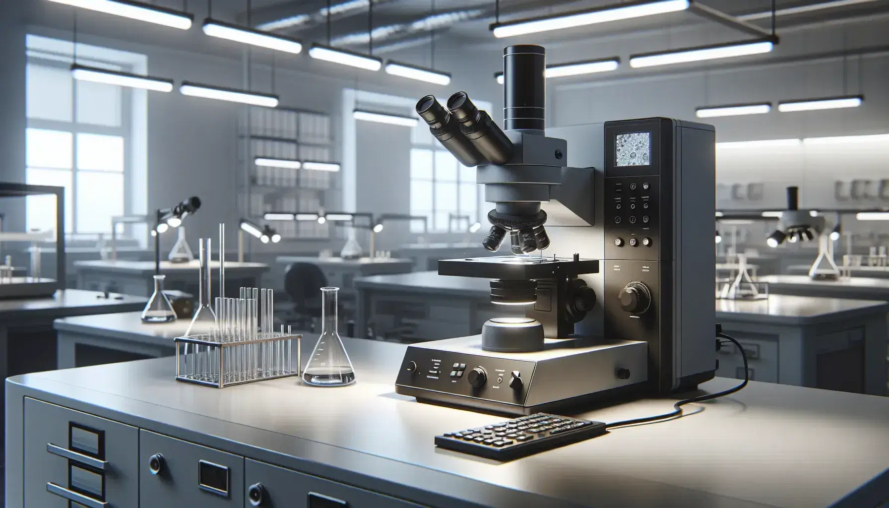 Laboratorio scientifico moderno con microscopio elettronico grigio scuro, banco di lavoro chiaro e strumenti in vetro, ambiente concentrato.