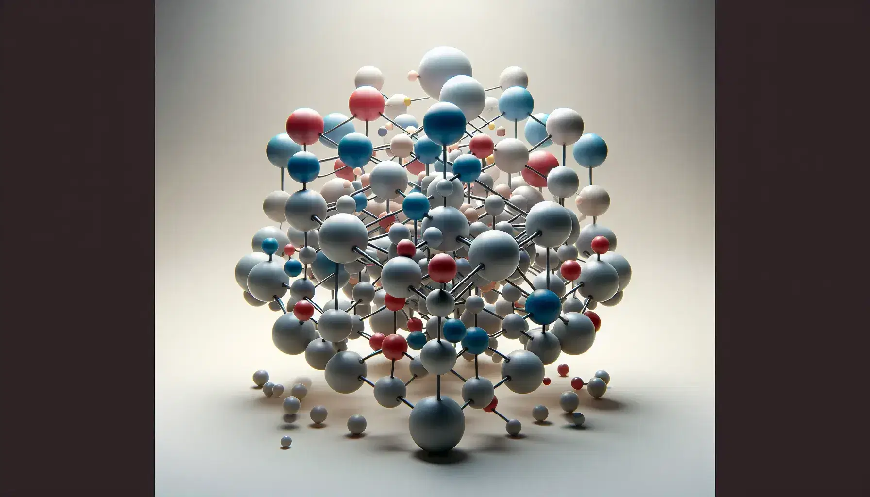 Estructura molecular tridimensional con esferas azules, rojas y blancas unidas por varillas grises y negras sobre fondo claro.
