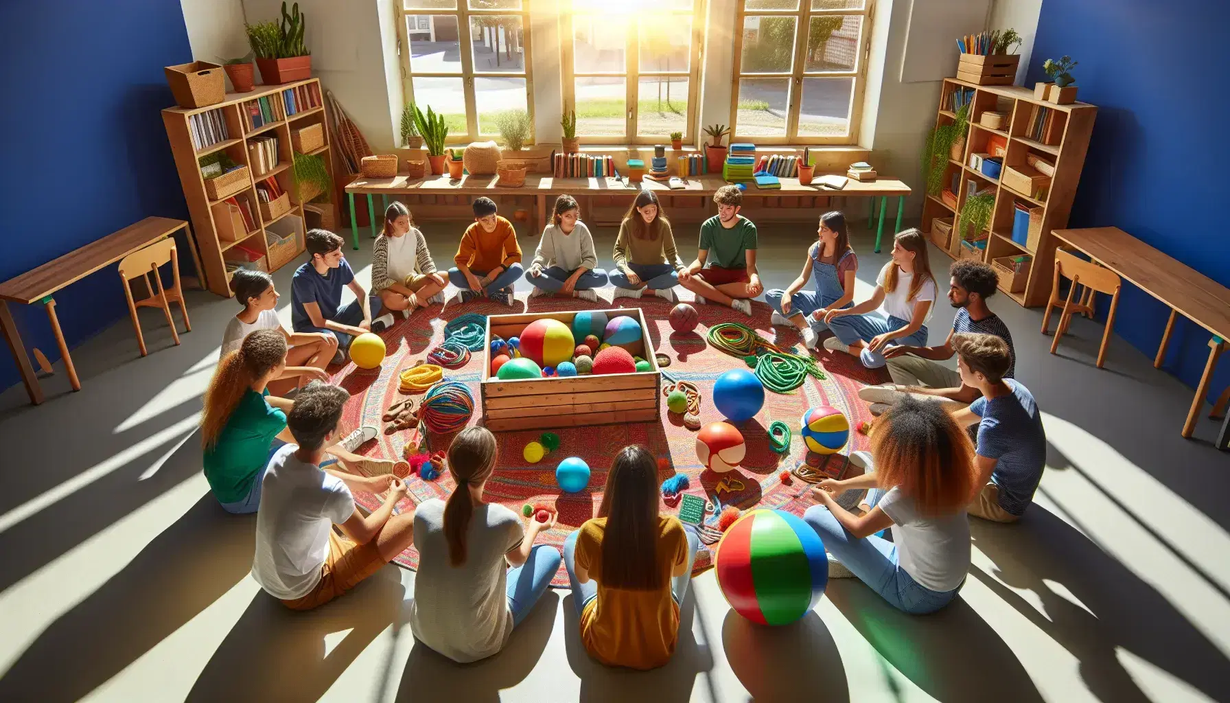 Grupo de estudiantes diversos interactuando en círculo con objetos didácticos en aula soleada, promoviendo colaboración y aprendizaje lúdico.