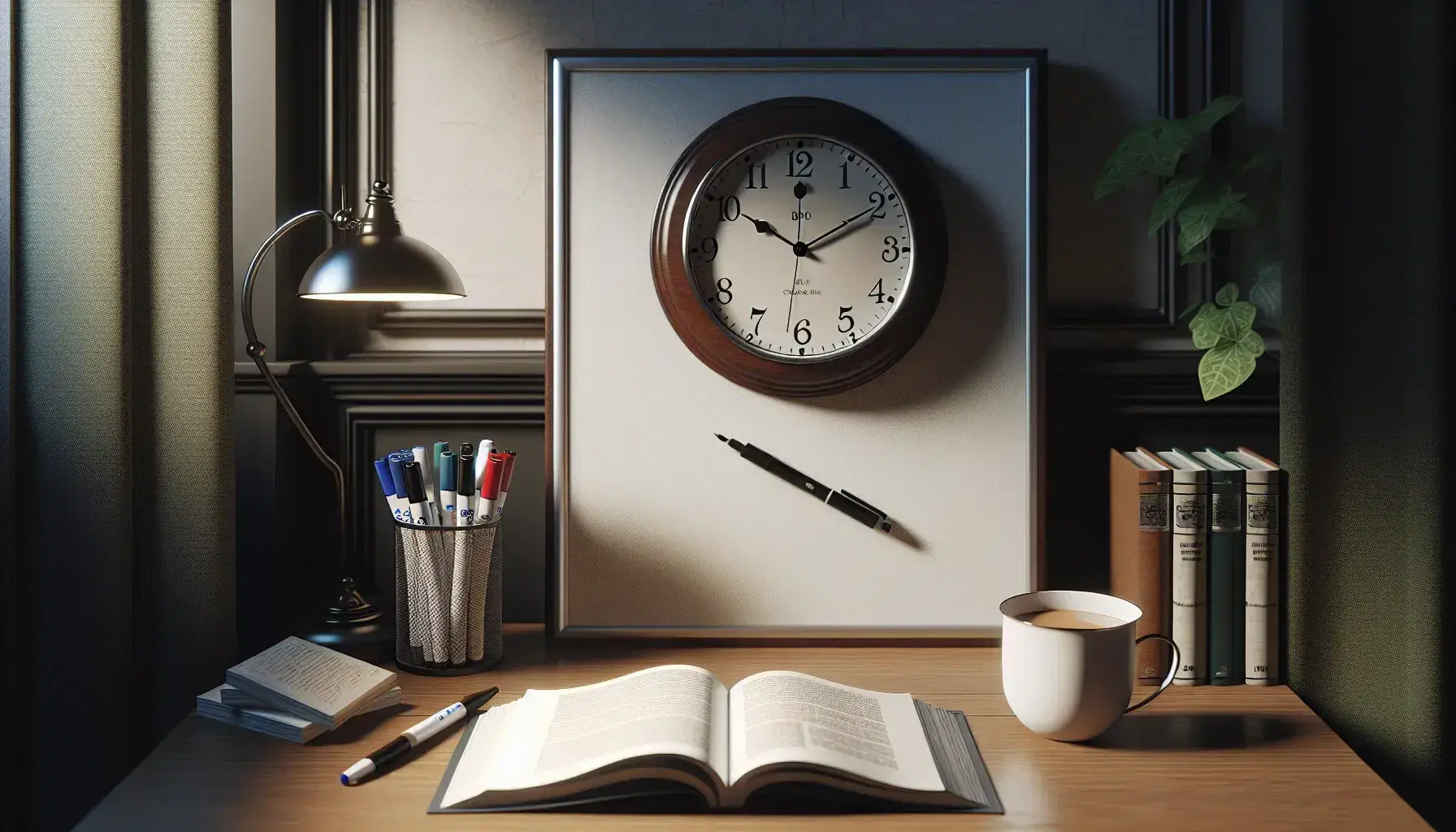 Reloj de pared clásico con marco de madera oscura y manecillas negras marcando las 10:10, junto a pizarra con rotuladores y mesa con libro abierto, taza con bebida y cuchara.