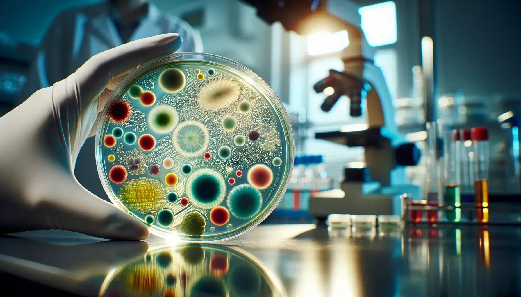 Close-up view of a petri dish with colorful bacterial colonies in yellow, red, green, and blue on a lab bench, with an out-of-focus scientist in the background.