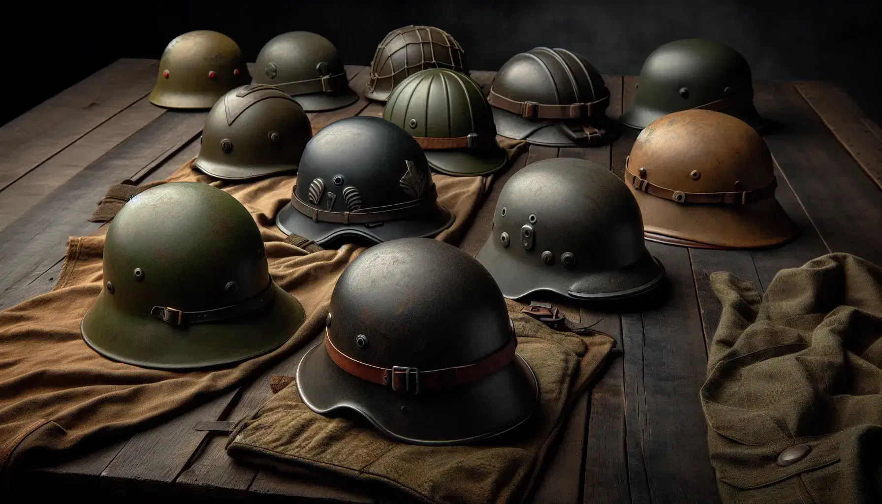 Colección de cascos militares de la Segunda Guerra Mundial en línea sobre superficie de madera oscura, mostrando variados diseños y colores representativos de distintos países.