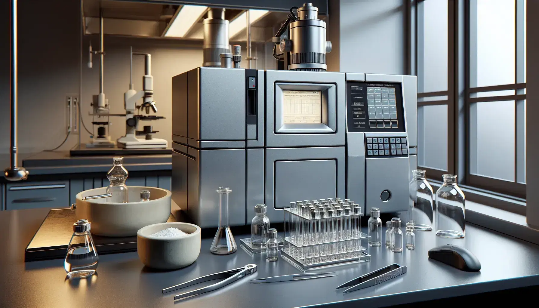 Laboratory with mass spectrometer for isotopic analysis, slides with colorless liquids, tweezers, mortar with white powder and technician at work.