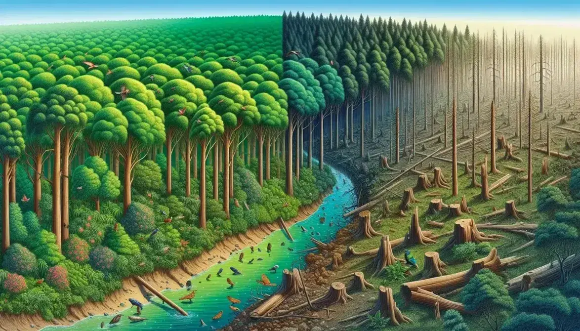 Lush forest with various shades of green and wildlife on the left, barren landscape with felled logs on the right, stream becoming cloudy in the foreground.