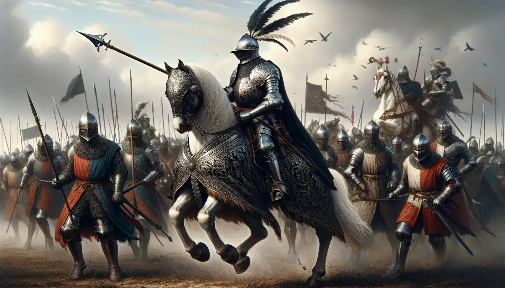 Scena di battaglia medievale con cavaliere in armatura su cavallo bianco in posa eretta e lanceggiatori in lotta, tende e stendardi sullo sfondo.