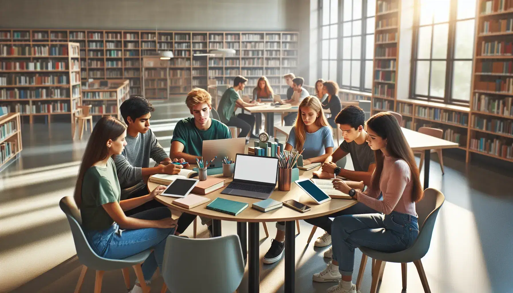 Estudiantes diversos colaborando en biblioteca con tecnología, rodeados de libros y luz natural, reflejando aprendizaje integrado.