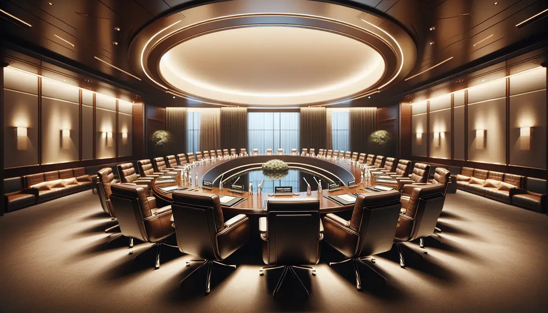 Elegant international conference room with a large oval wooden table, high-back leather chairs, notepads, pens, and water bottles, under warm lighting.
