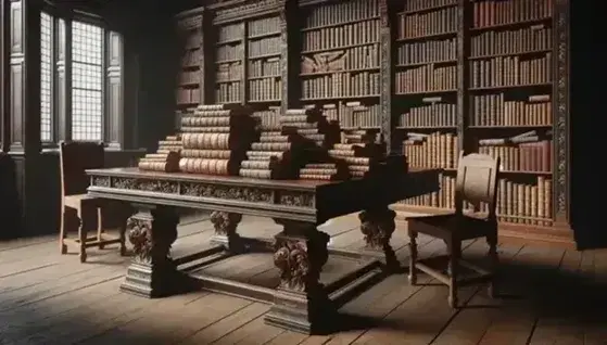 Biblioteca antigua con mesa de madera oscura y libros de cuero apilados, estantería repleta y luz suave entrando por ventana lateral.