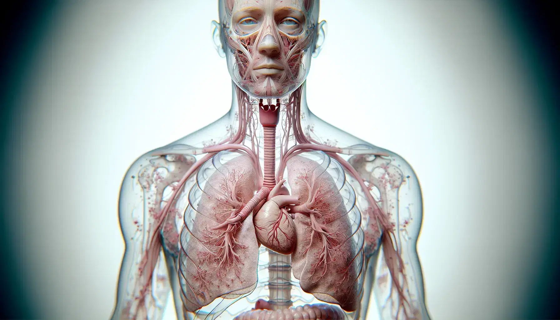 Vista anatómica detallada del sistema respiratorio humano con pulmones en tono rosa, corazón rojo y tráquea gris, sin detalles faciales.