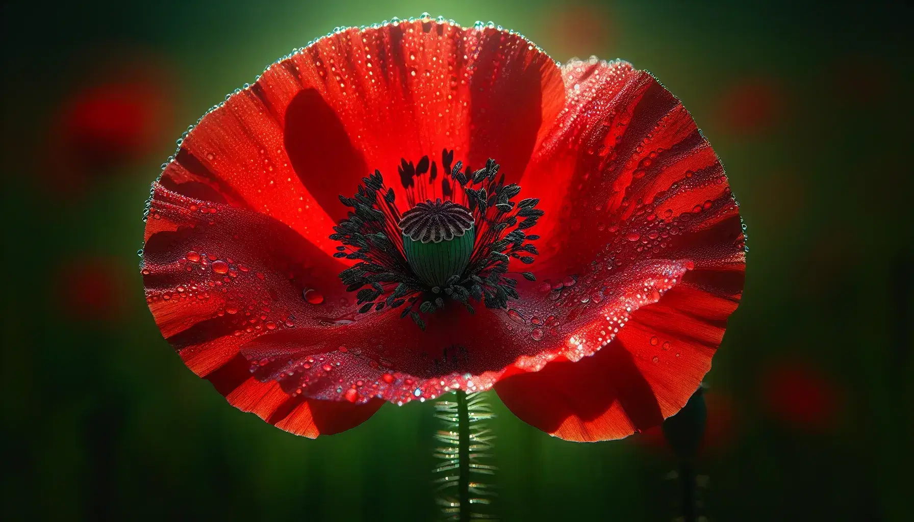 Vibrant red poppy with dew drops on petals and black stamens, set against a soft-focus green background, highlighting the flower's delicate texture.