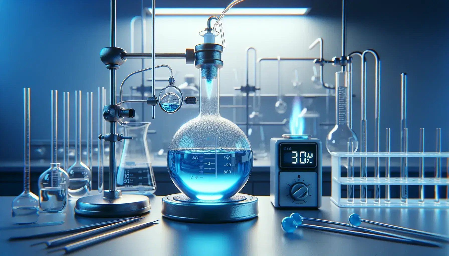 Laboratory with round bottom flask and blue liquid connected to Liebig condenser, lit Bunsen burner, beaker with colorless solution and digital thermometer.