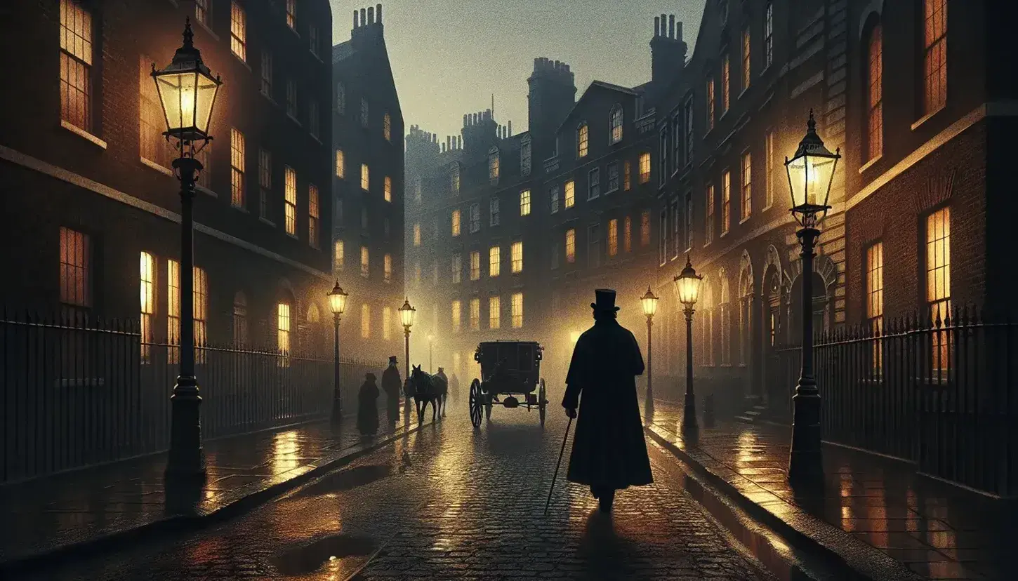 Victorian London street at dusk with gas lamps, a man in a top hat, horse-drawn carriage, and fog-shrouded townhouses.