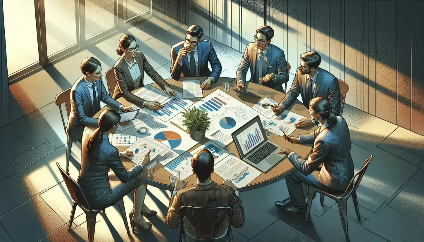 Gruppo di cinque professionisti in abiti formali collabora attorno a un tavolo rotondo con documenti, grafici e laptop.