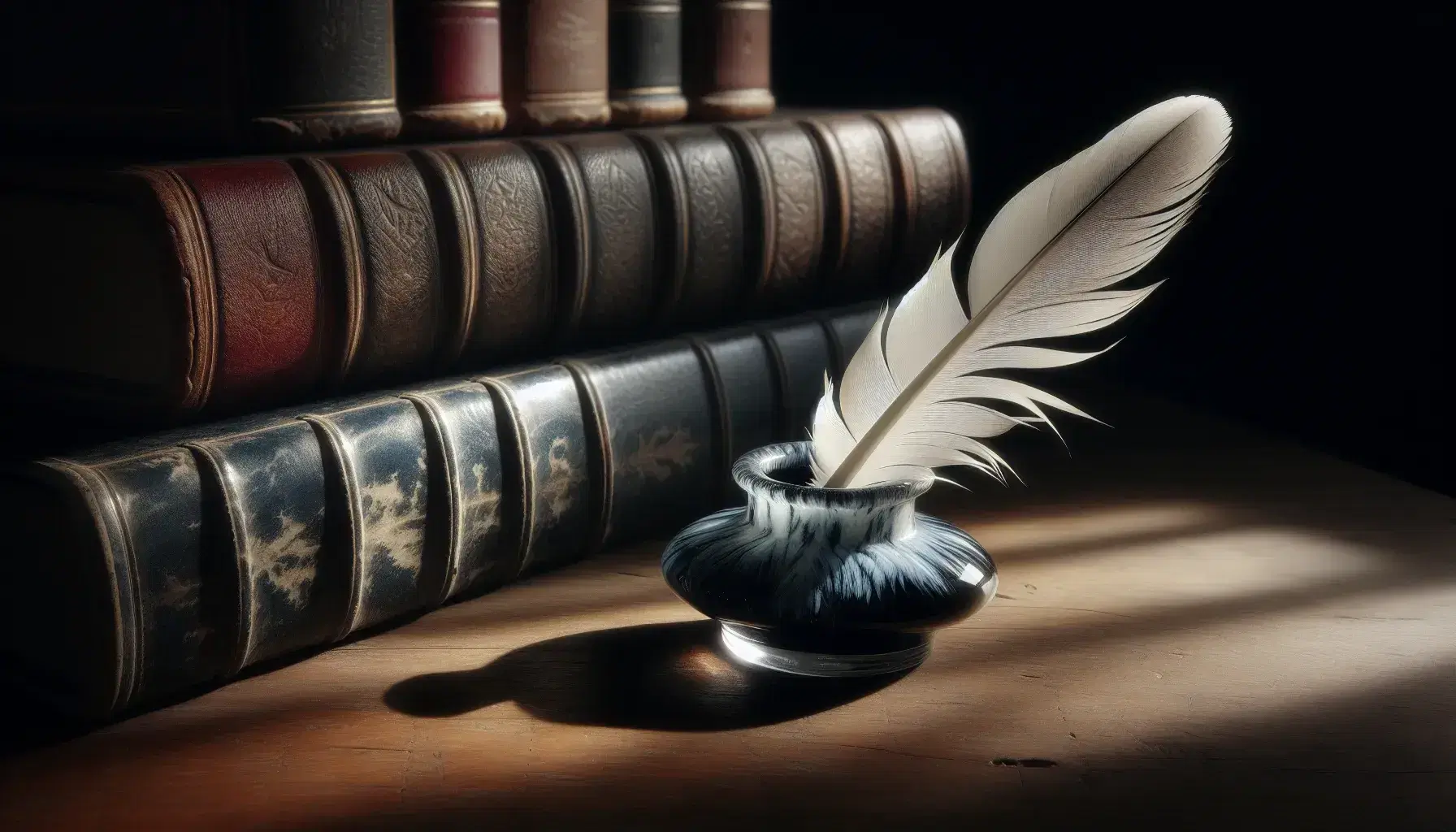 Pluma blanca de ave, posiblemente de ganso, en tintero de cerámica azul oscuro con efecto marmolado sobre escritorio de madera antiguo, rodeado de libros encuadernados en cuero.