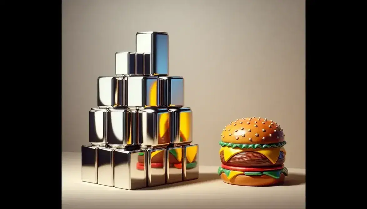 Composizione fotografica con scultura minimalista di cubi metallici e oggetti Pop Art, una lattina e un hamburger in ceramica, su sfondo neutro.